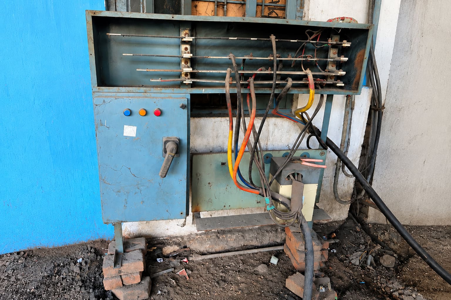 Older electrical panel with exposed wiring and worn equipment.