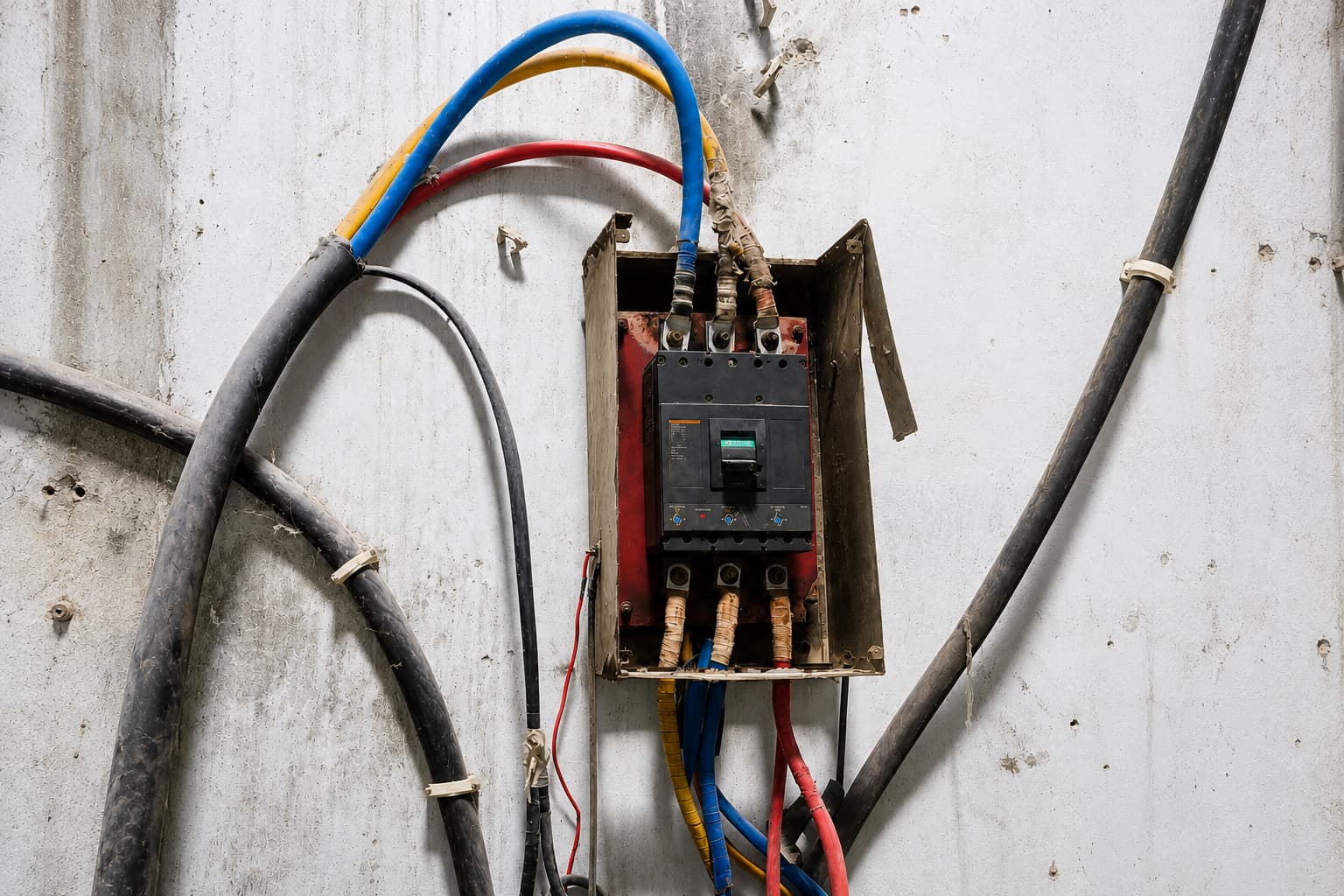 Older breaker enclosure with a large circuit breaker and exposed cables.