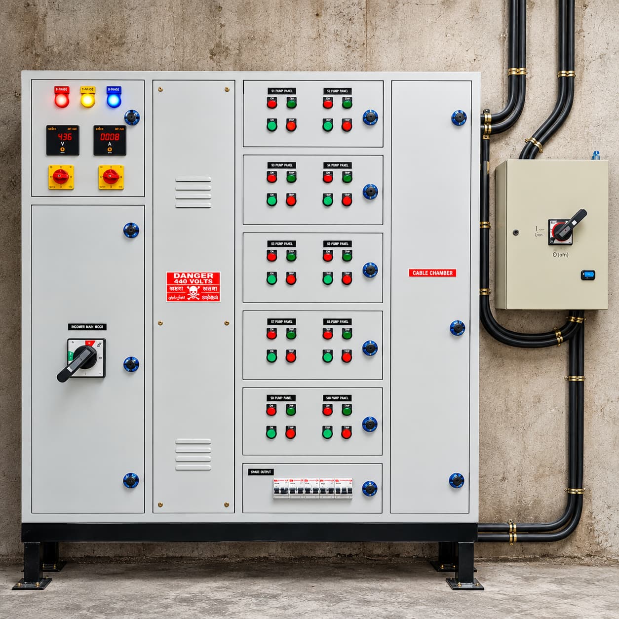 Organized electrical panel system with labeled controls and routed cables.