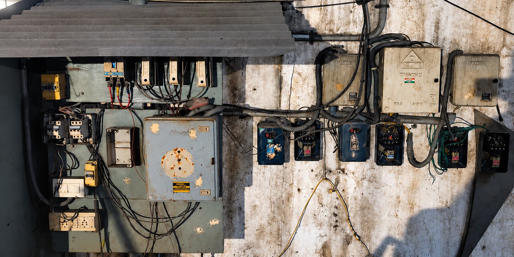 Existing electrical installation showing multiple older panels and cable runs.