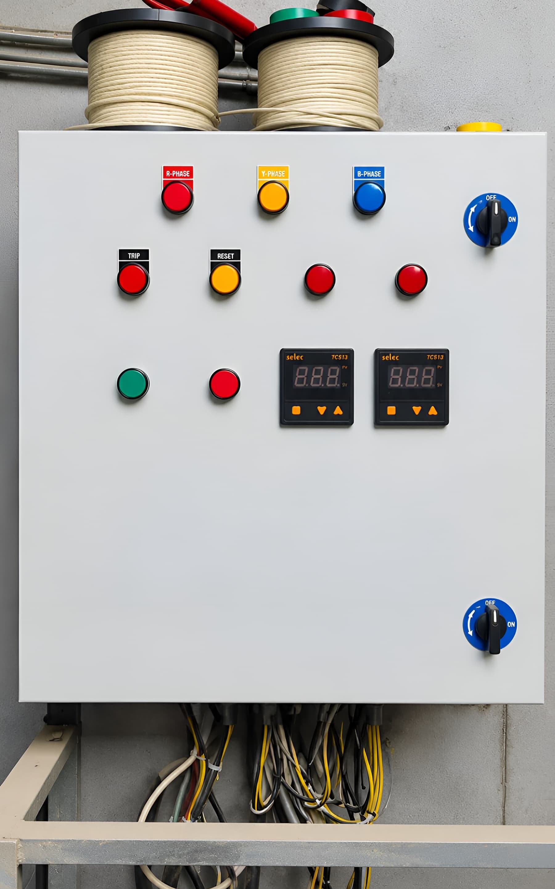 Freshly restored control panel with R-phase, Y-phase and B-phase indicators, trip and reset controls, and digital controllers neatly mounted.