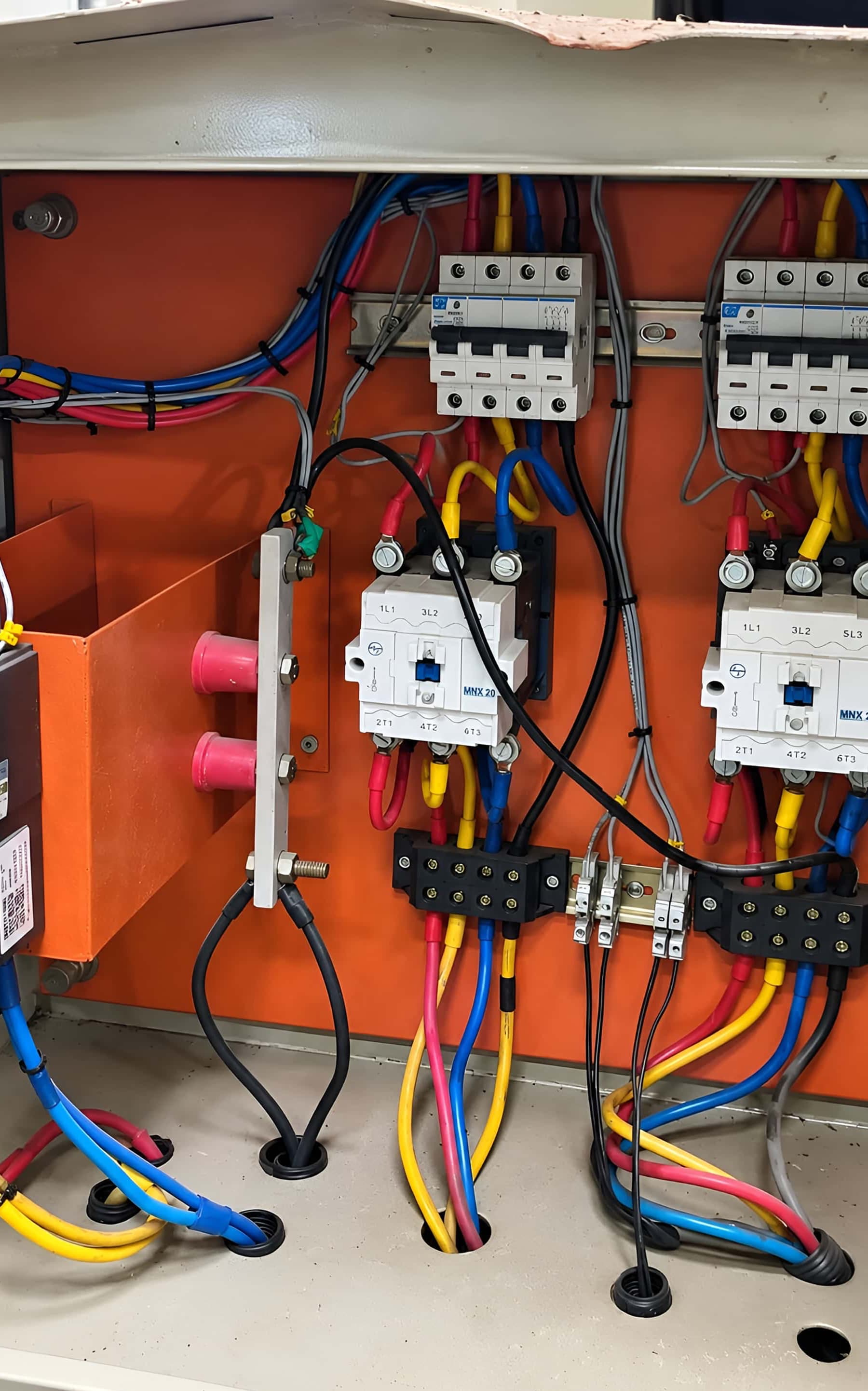 Restored machine panel with color-coded phase wiring, new MCBs, contactors and labeled terminal blocks.