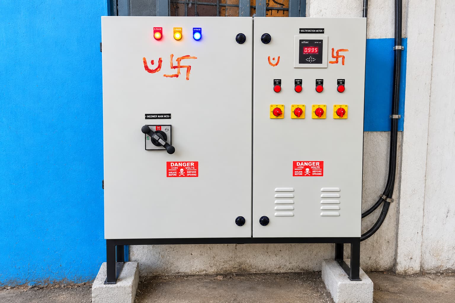 Updated electrical panel with fitted doors, meters and controls.