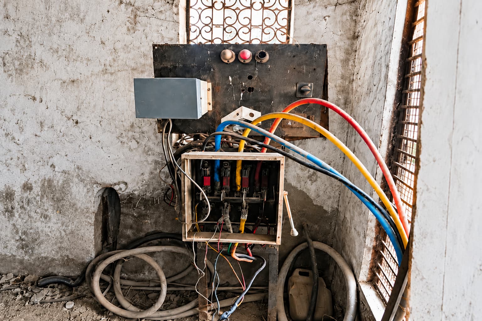 Older electrical control panel with exposed wiring and components.