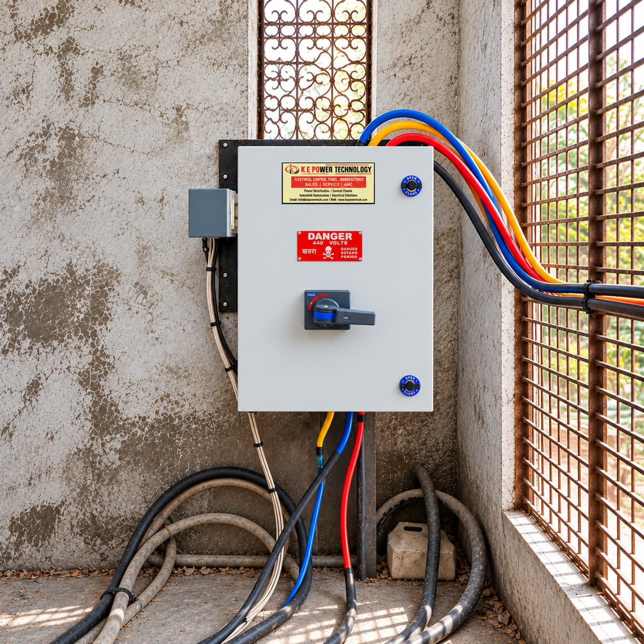 Newly assembled electrical control panel with labeled controls.