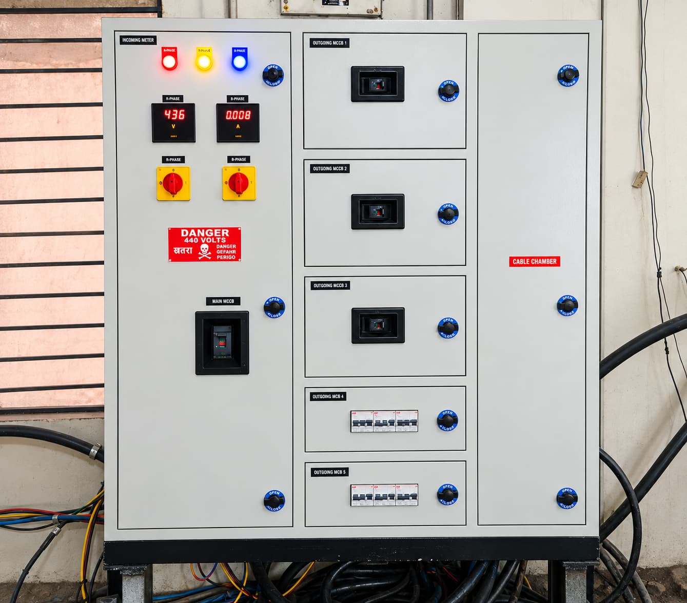 Electrical panel installation with older switchgear and wiring.