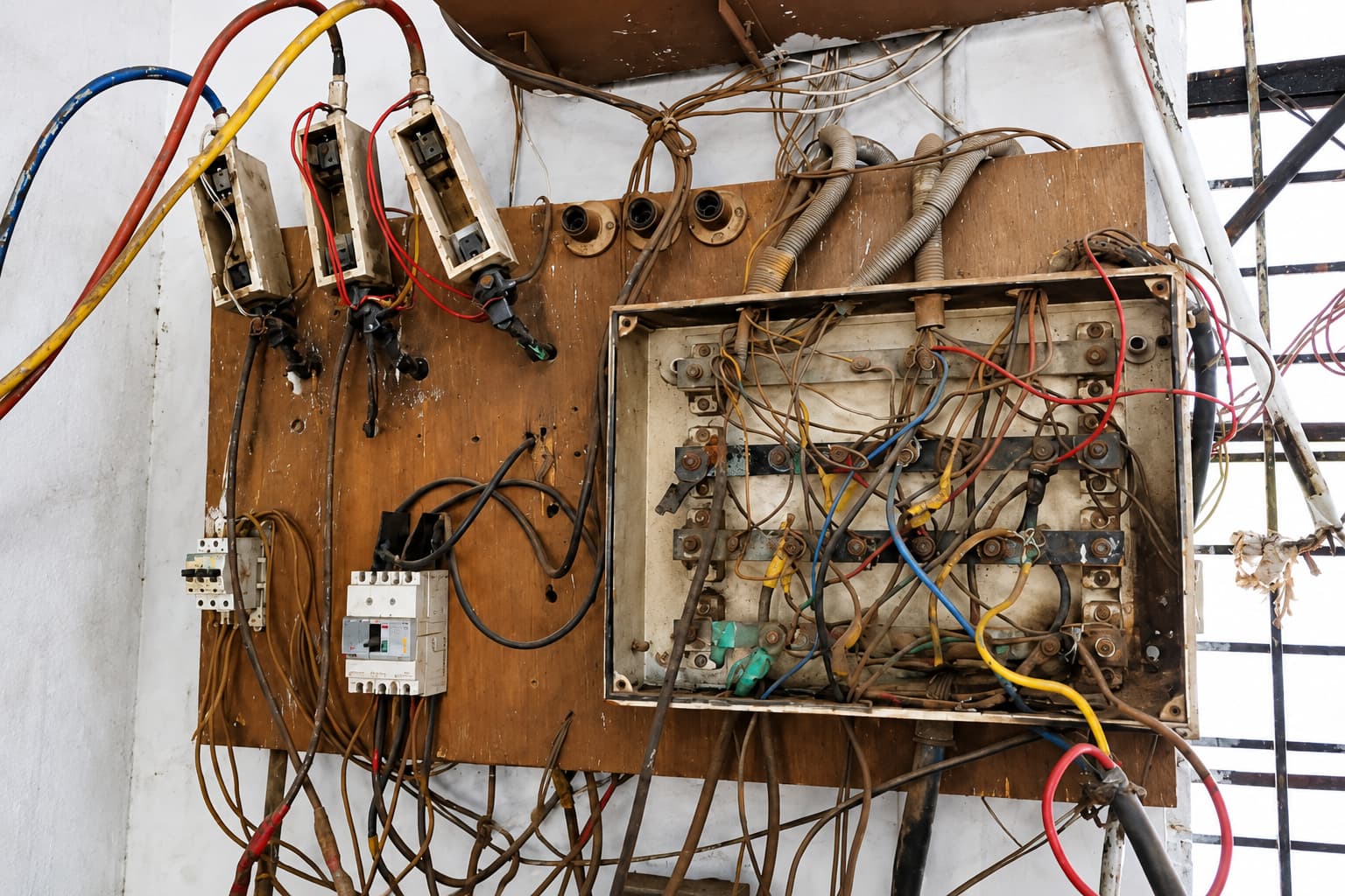 Existing electrical installation with exposed wiring and older components.