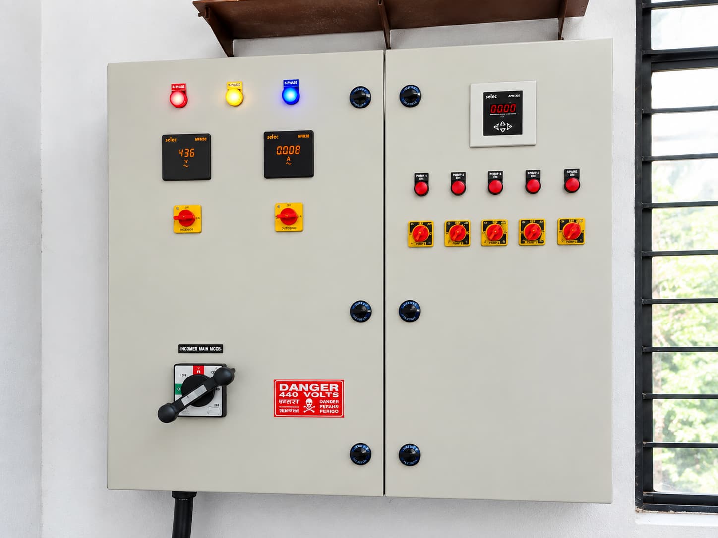Updated electrical panel with neatly arranged controls and meters.
