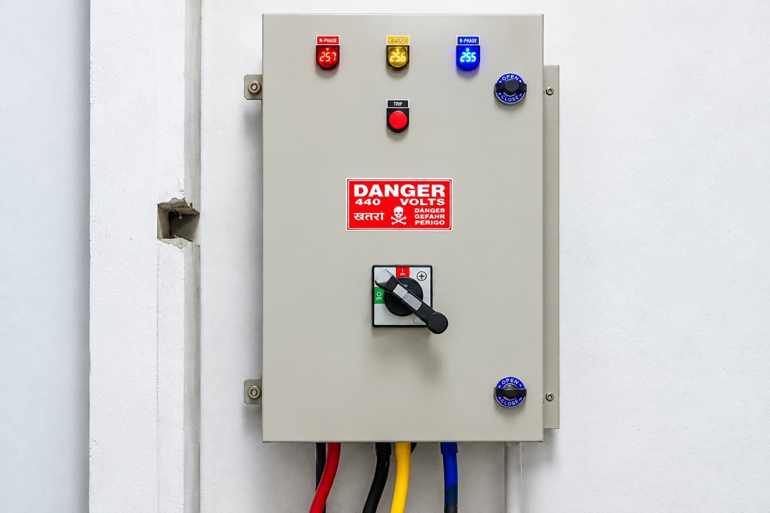 Updated breaker panel with mounted phase indicators and controls.